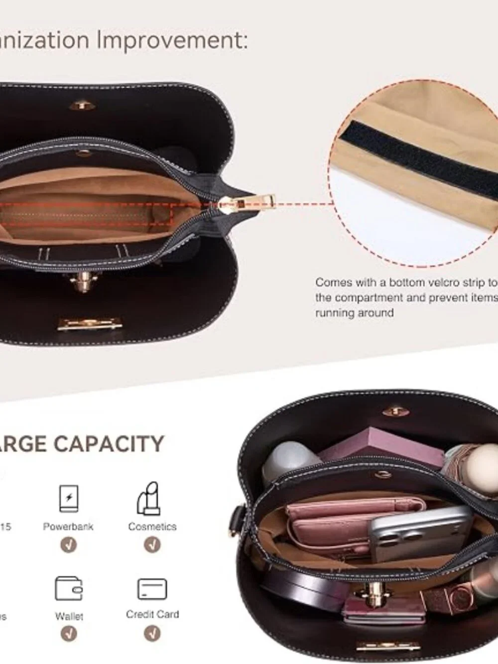 Women's Vegan Leather Bucket Crossbody Purse Multi Pocket Shoulder Handbag